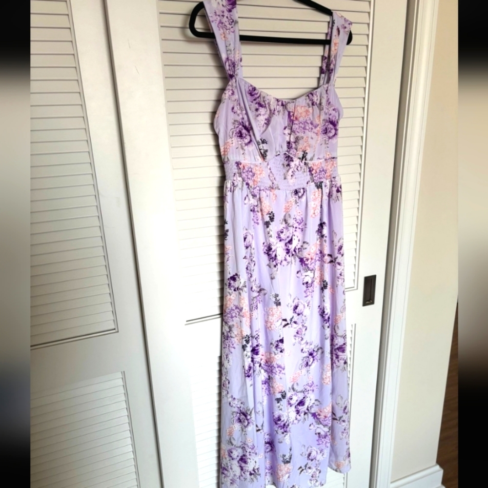 Grace Karin Front Slit Off Shoulder Elastic Smocked Waist Flared Maxi L Dress